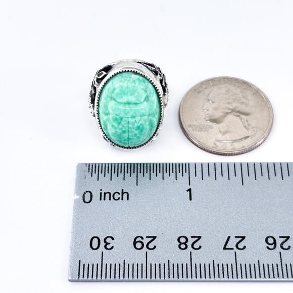 Vintage Sterling Silver 925 Ornate Green Resin Scarab Beetle Ring Size 4.5 - Picture 7 of 8